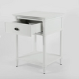 Dakota Bedside Table in white with single storage drawer open and lower shelf