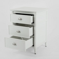 Dakota white three-drawer bedside table shown with all drawers open to display practical bedroom storage.
