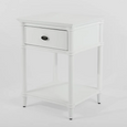 Dakota white bedside table with one drawer and open shelf shown from an angled view