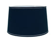 dark navy tapered drum lamp shade with white trim detail, classic coastal lighting accessory