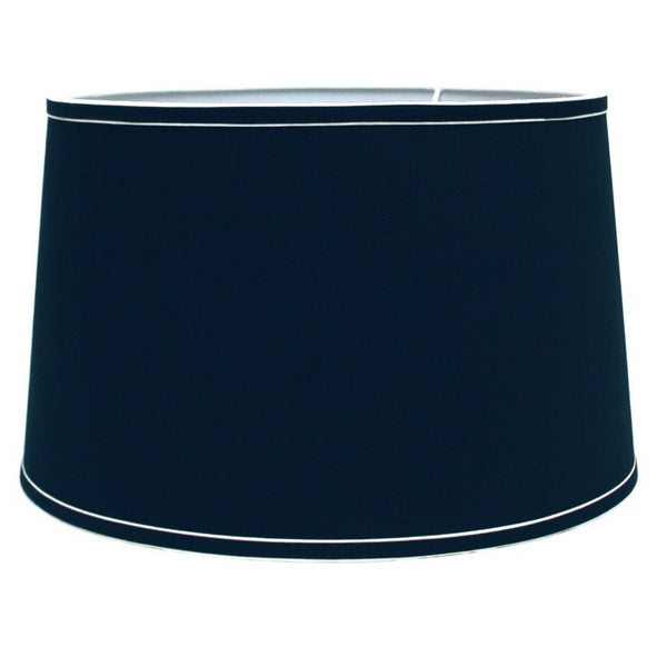 dark navy tapered drum lamp shade with white trim detail, classic coastal lighting accessory