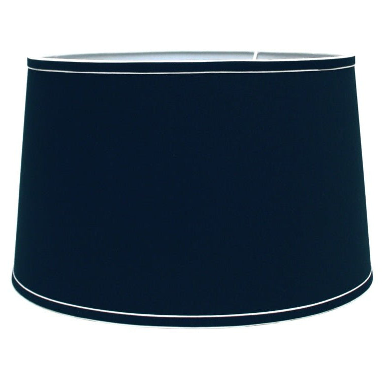 dark navy tapered drum lamp shade with white trim detail, classic coastal lighting accessory