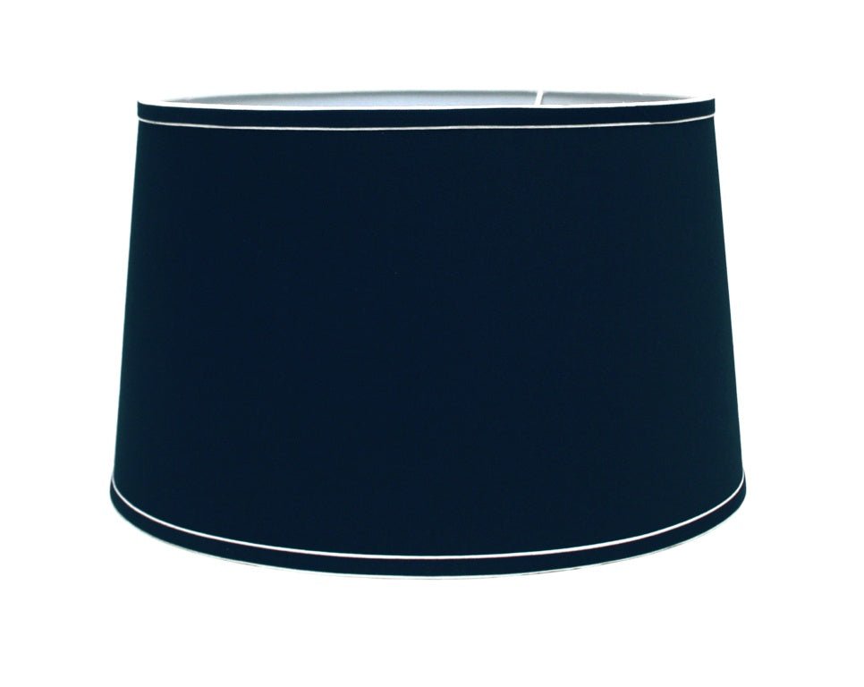 dark navy tapered drum lamp shade with white trim detail, classic coastal lighting accessory
