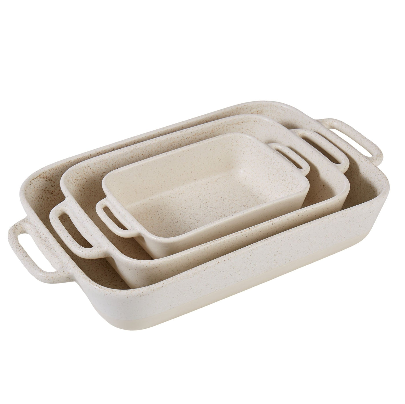 Darley Stoneware Bakeware 3-piece nesting baking dish set in cream speckle stoneware finish