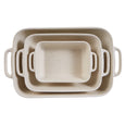 Top view of Darley Stoneware Bakeware 3-piece nesting baking dishes in cream speckle finish