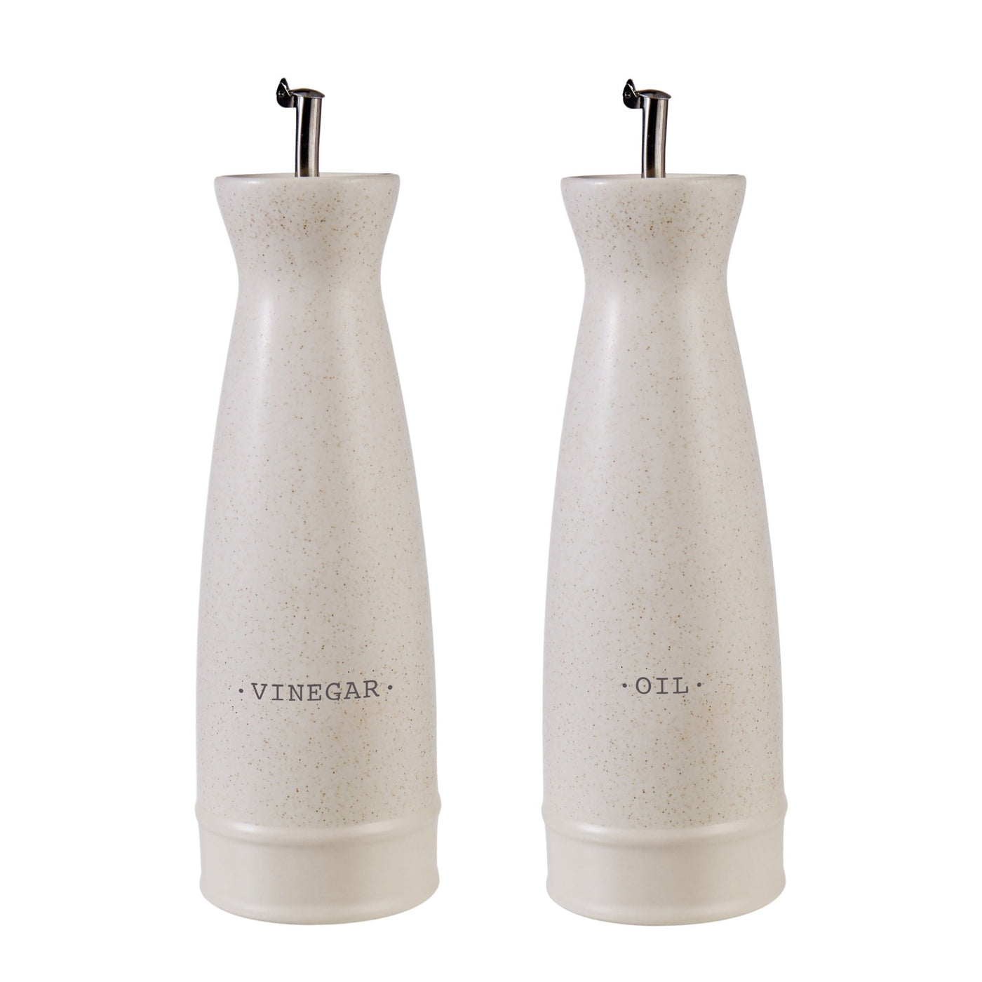 Darley Stoneware Oil and Vinegar Set in cream speckle with stainless steel pourers