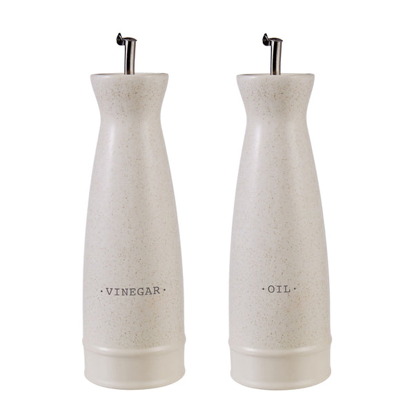 Darley Stoneware Oil and Vinegar Set in cream speckle with stainless steel pourers