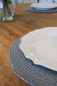 Demi Round Placemat Blue/White closeup with white plate 