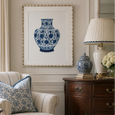 Kaolin V blue and white ginger jar artwork by Designer Boys styled above a timber chest in a Hamptons living room