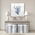 Natural Coral IX Indigo Designer Boys framed coral artwork styled above a console table in a blue and white Hamptons coastal interior.