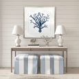 Natural Coral VII Indigo Designer Boys framed coral artwork styled above a console table in a blue and white Hamptons coastal interior.
