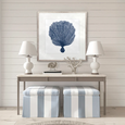 Natural Coral VIII Indigo Designer Boys framed coral artwork styled above a console table in a blue and white Hamptons coastal interior.