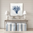 Natural Coral X Indigo Designer Boys artwork styled above a console table in a blue and white Hamptons coastal interior.