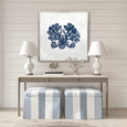 Natural Coral XI Indigo Designer Boys framed coral artwork styled above a console table in an elegant blue and white Hamptons coastal interior.