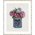 Designer Boys St Rouen Floral II framed artwork featuring pink and mauve hydrangeas arranged in a blue and white chinoiserie vase.