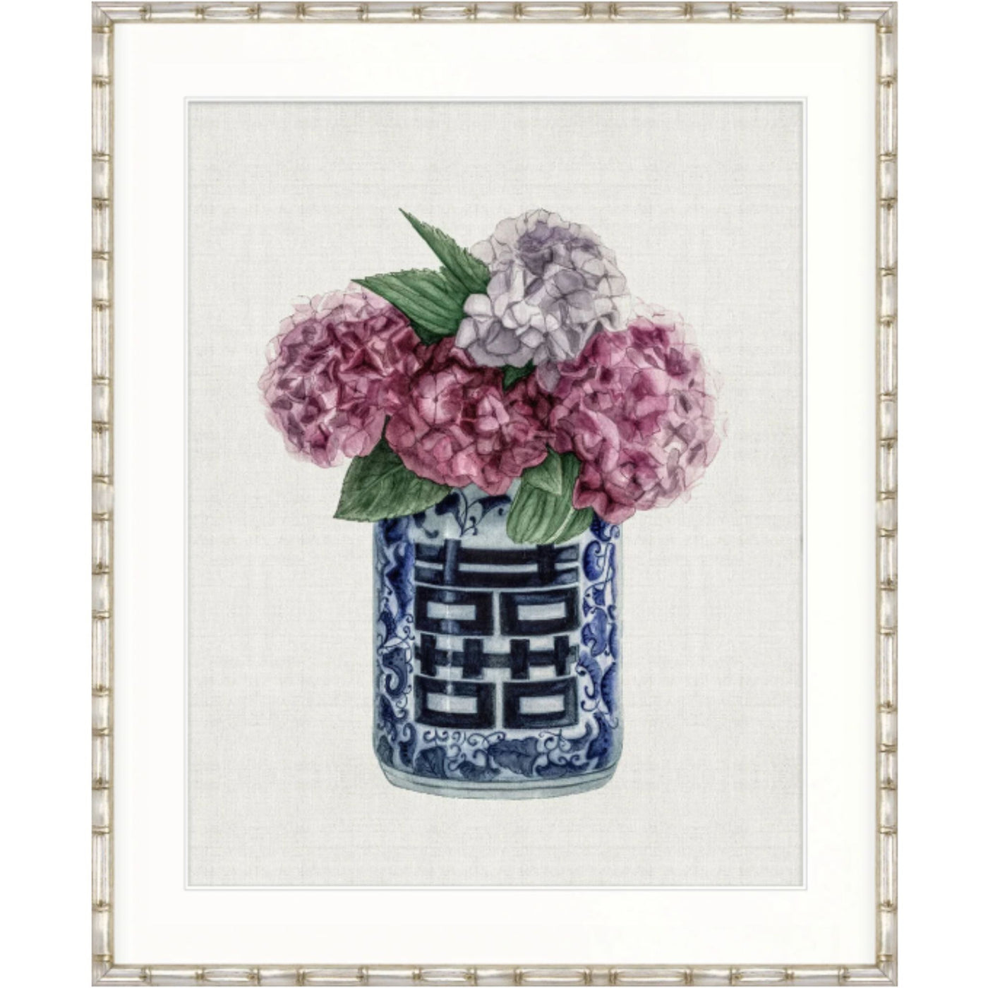 Designer Boys St Rouen Floral II framed artwork featuring pink and mauve hydrangeas arranged in a blue and white chinoiserie vase.