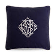 navy cushion cover with white embroidered diamond monogram and piped edge, classic coastal styling