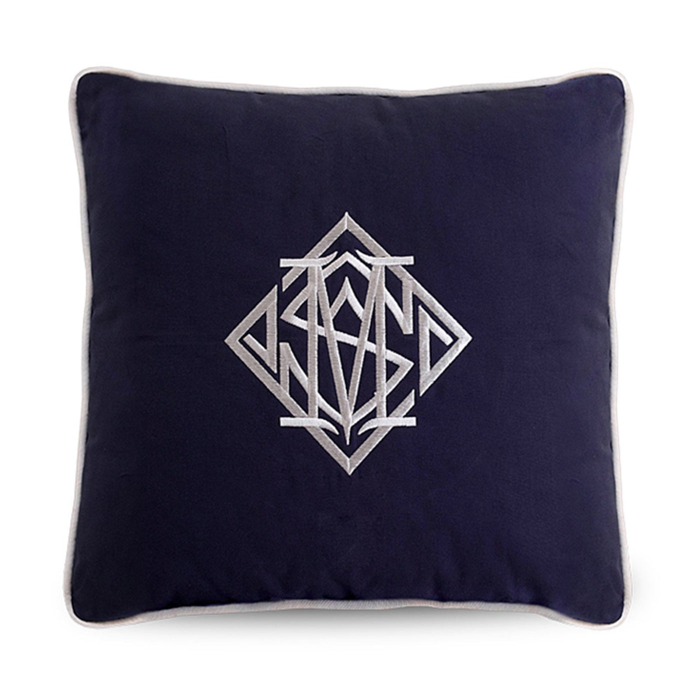 navy cushion cover with white embroidered diamond monogram and piped edge, classic coastal styling