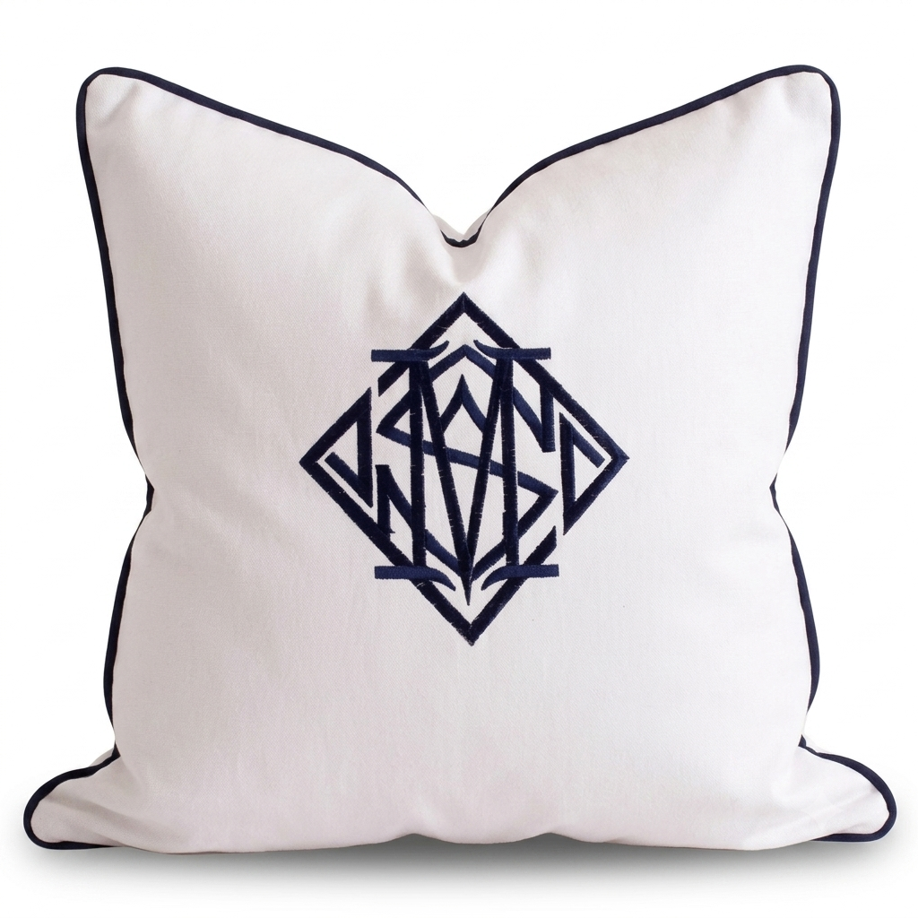 Diamond Monogram White Cushion Cover with navy embroidered monogram and navy piping on white cotton canvas.