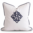 Diamond Monogram White Cushion Cover with navy embroidered monogram and navy piping on white cotton canvas.
