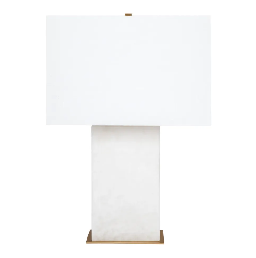 Dominique alabaster table lamp featuring a natural stone base, brass detailing and white linen shade.