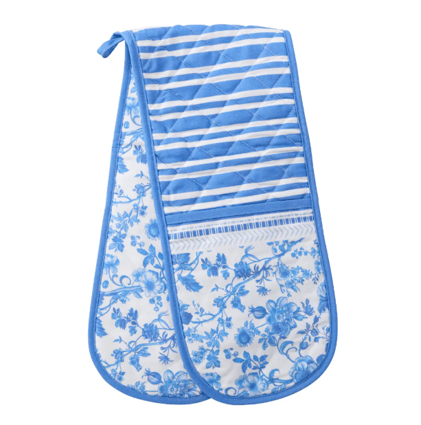 Blue and white Hamptons double oven glove with striped and floral design for coastal kitchen decor