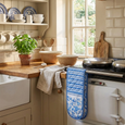 Hamptons-style blue and white double oven glove with classic floral print, styled in a coastal kitchen setting.