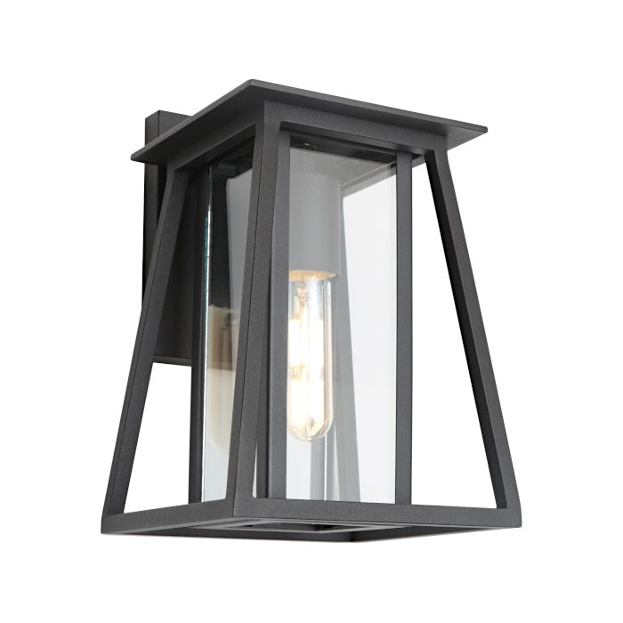 Dover black exterior wall light with clear glass panels and contemporary lantern-style frame.