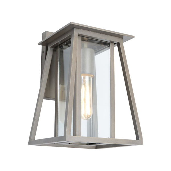 Dover Wall Light Old Bronze with tapered metal lantern frame, clear glass panels and decorative globe.