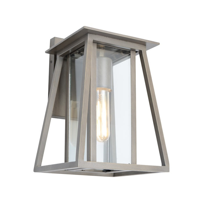 Dover Wall Light Old Bronze with tapered metal lantern frame, clear glass panels and decorative globe.