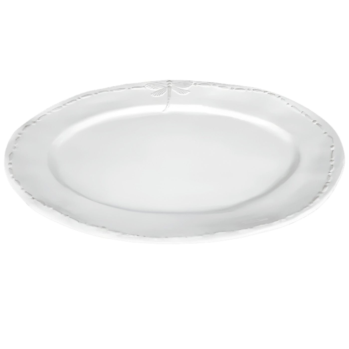 Dragonfly Stoneware White Oval Platter Large with embossed dragonfly detail and white glazed stoneware finish on white background