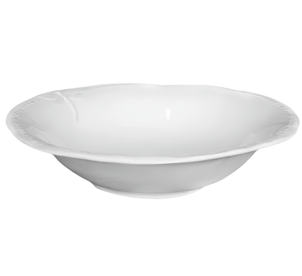 Small white stoneware salad bowl with subtle dragonfly detail and curved rim