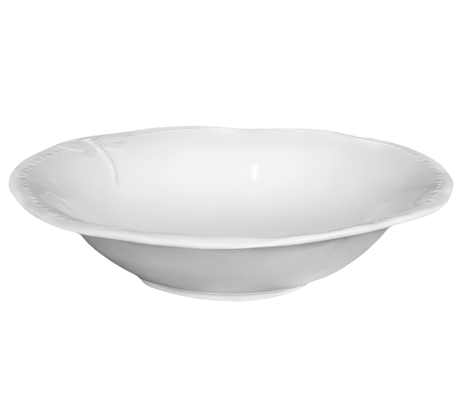 Small white stoneware salad bowl with subtle dragonfly detail and curved rim