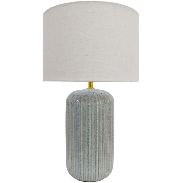 ribbed ceramic table lamp with neutral linen shade in soft coastal style
