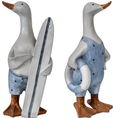 Set of two decorative surfing ducks wearing blue swimwear, one holding a surfboard and the other a lifebuoy, inspired by coastal Australian beach life.
