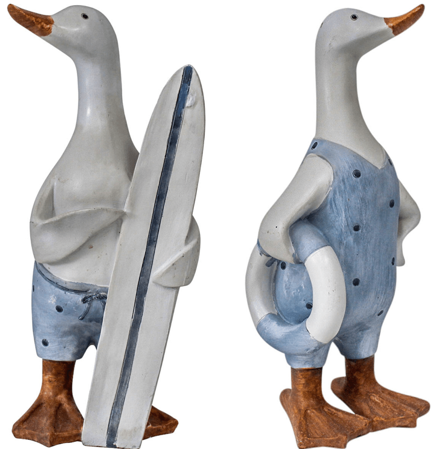 Set of two decorative surfing ducks wearing blue swimwear, one holding a surfboard and the other a lifebuoy, inspired by coastal Australian beach life.