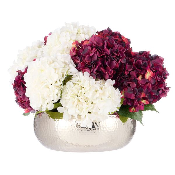 Hydrangea Mix in Metal Bowl Burgundy/White