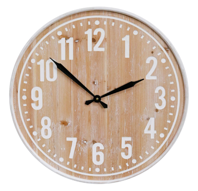 East Hamptons 60cm wall clock with natural timber-look face, white numerals and black hands for coastal and Hamptons interiors.
