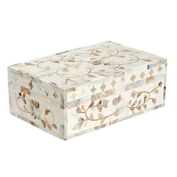 Elena Mother of Pearl Trinket Box in white with hand-carved bone inlay and shimmering pearl mosaic, 20cm decorative jewellery box.