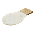 Marble and mango wood spoon rest with smooth white finish and natural timber handle.