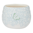Eliza Ceramic Pot in soft blue and white with raised floral texture and green butterfly detail