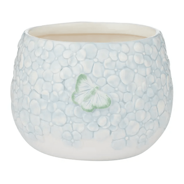Eliza Ceramic Pot in soft blue and white with raised floral texture and green butterfly detail
