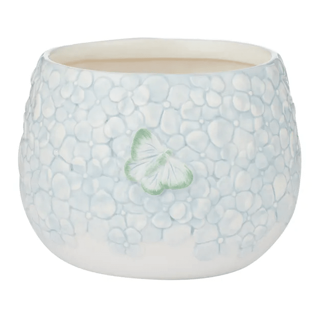 Eliza Ceramic Pot in soft blue and white with raised floral texture and green butterfly detail