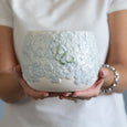 Eliza Ceramic Pot held in hands showing rounded shape, raised blue flowers and butterfly detail