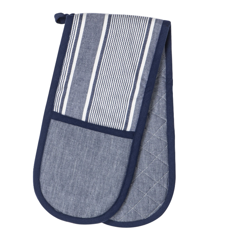 Blue striped cotton double oven glove with quilted finish and classic coastal kitchen styling.