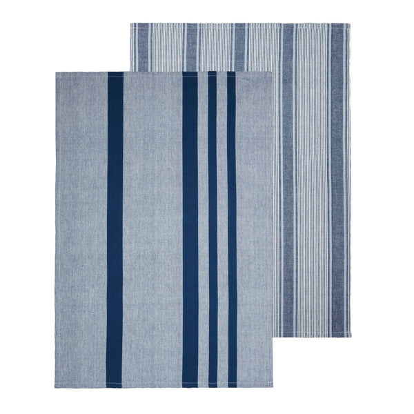 Set of two blue and white striped cotton tea towels with coastal-inspired patterns for Hamptons style kitchens.