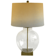 Ellyn Glass and Brass Table Lamp styled on a living room console table with contemporary décor.