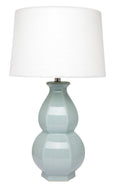 Enchantment table lamp with duck egg blue crackle ceramic base and white tapered shade