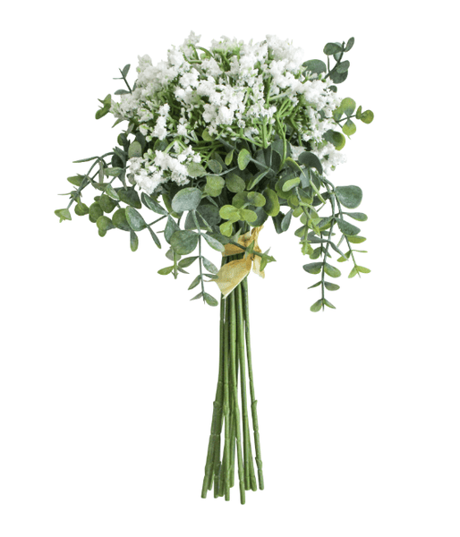 eucalyptus and baby’s breath faux floral bunch with soft white blooms and green foliage, realistic artificial flowers for coastal home styling and Hamptons style decor