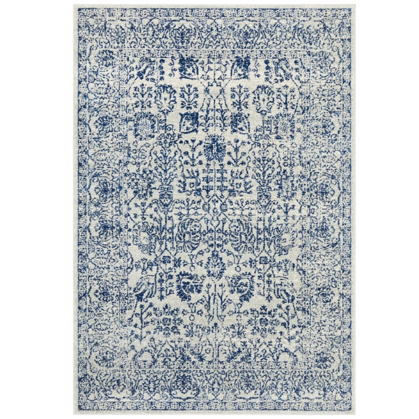 Eve Blue Rug featuring distressed botanical pattern in azure blue and ivory tones